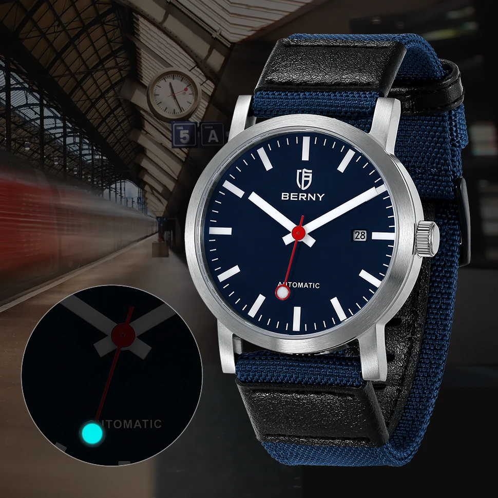 

Berny Men Automatic Mechanical Watch MIYOTA 8215 Swiss Railroad Male Stainless Steel Waterproof Luxury Fashion Men Wristwatch