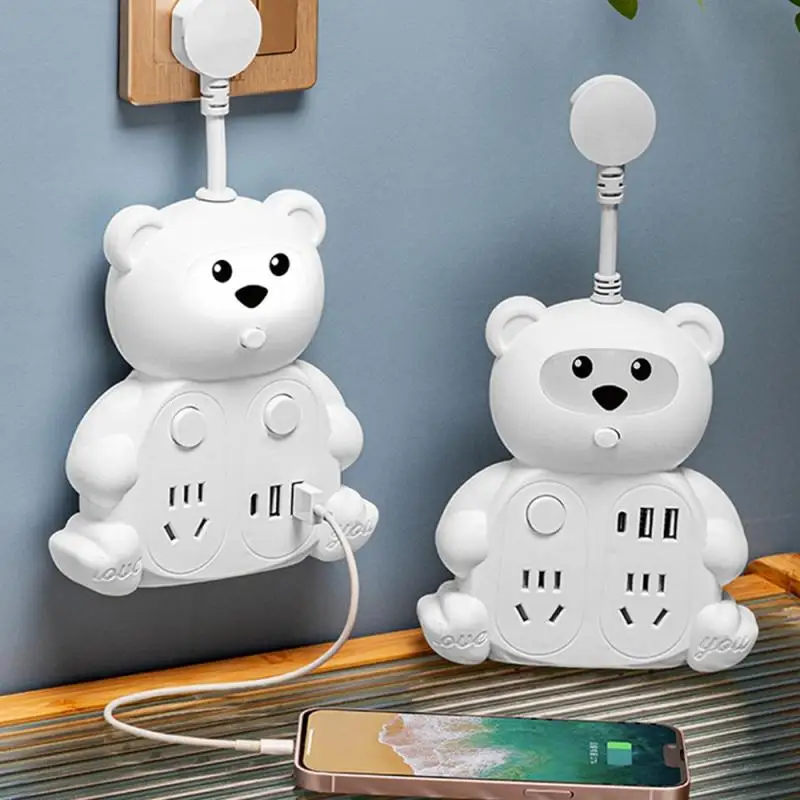 USB Night Light Converter Socket Cartoon Bear Socket Lamp Multi Side Plug-in Lights Children Bedroom Decoration Kids Gift Lamps