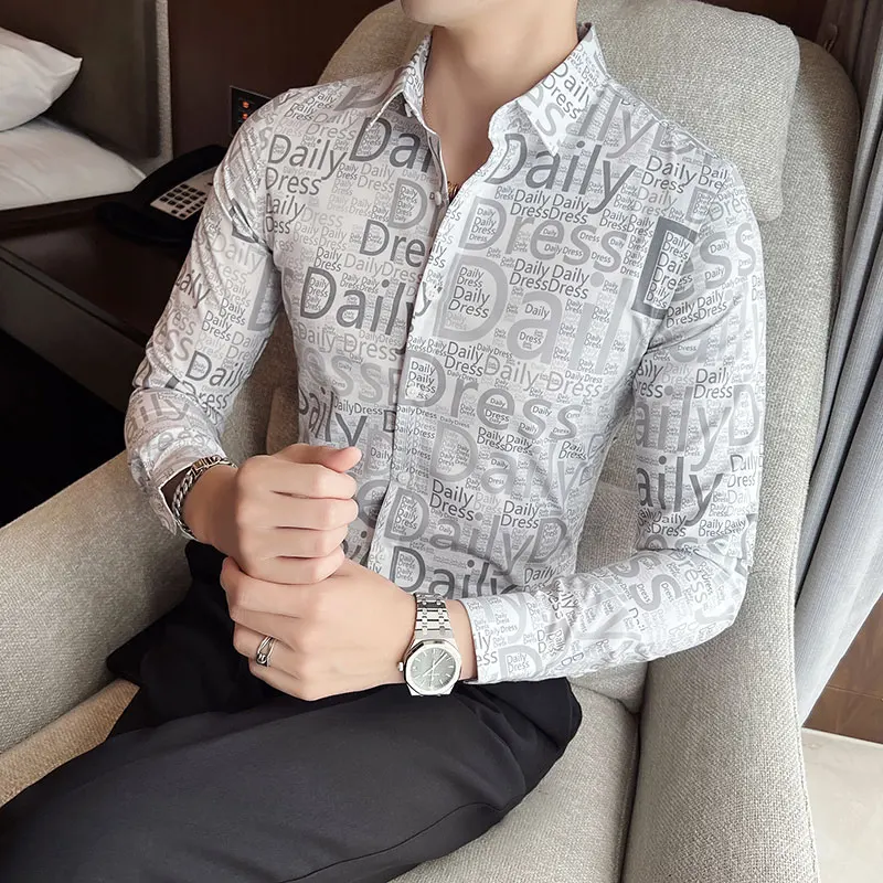 Fashion Letter Print Shirts Men 2022 Autumn Long Sleeve Slim Casual Business Formal Dress Shirt Social Streetwear Tuxedo Blouse