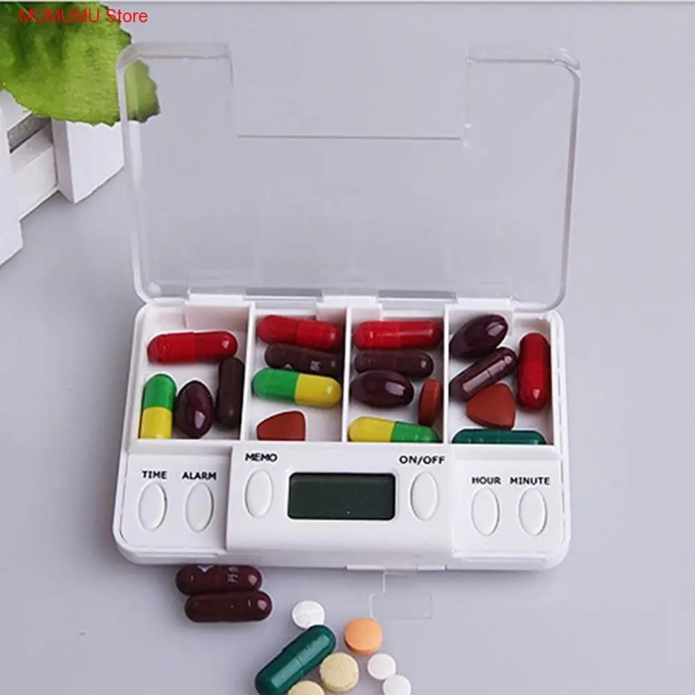 

4 grid smart pill electronic timing reminder medical container family travel timer pill box storage drug separator pill containe