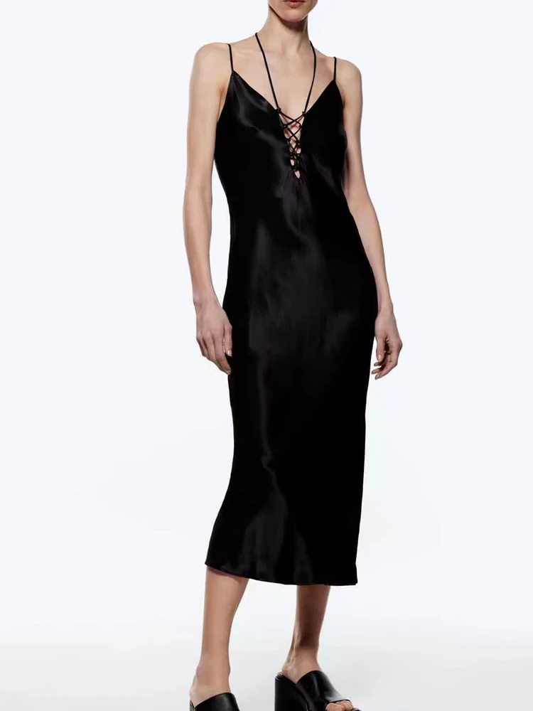 

Женское атласное платье на бретельках Kumsvag, элегантное черное Бандажное платье без рукавов, вечерние нее платье до середины икры, лето 2022