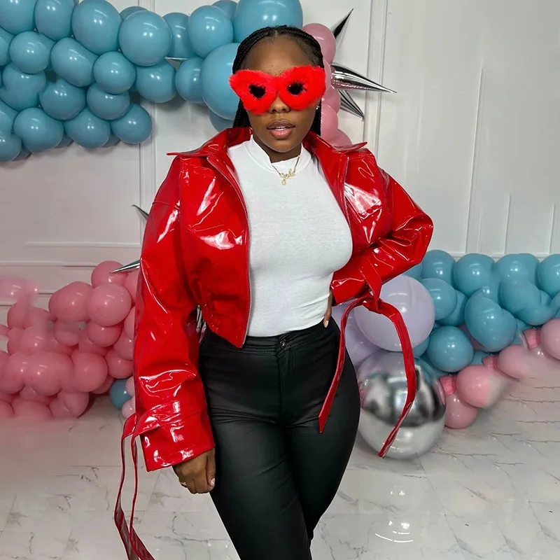 Модные женские куртки с отложным воротником Элегантные Глянцевые однотонные