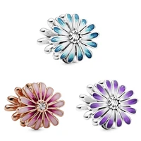 original openwork purple daisy flower with crystal beads charm fit pandora 925 sterling silver bracelet bangle diy jewelry