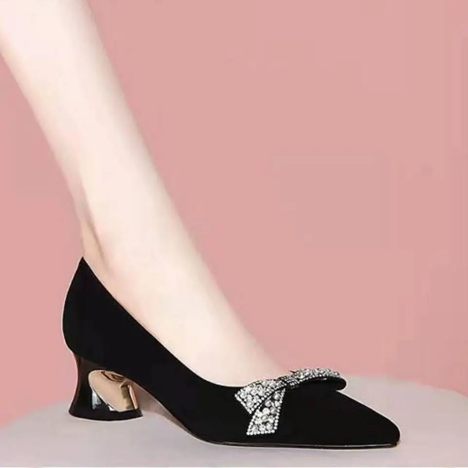 

Women's Summer Footwear Diamond Shoes for Woman 2023 Evening with Bow Black Pointed Toe Rhinestone Crystals Medium Heels Fashion
