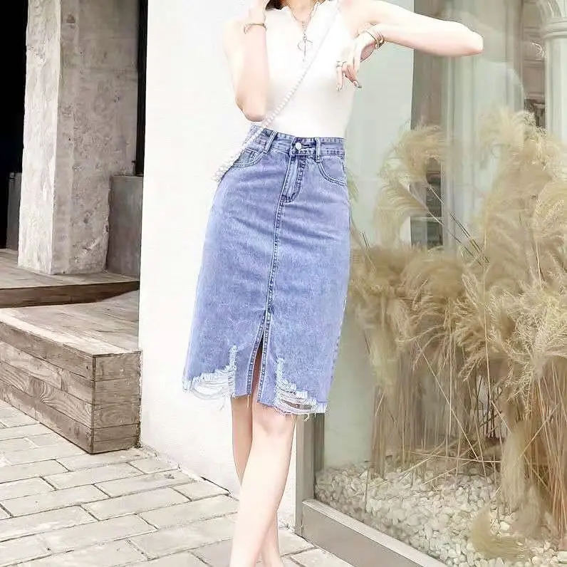 

2022 Women's Summer Fashion High Waist Slim Jeans Skirts Female Split Package Hip Skirts Ladies Midi A-line Denim Skirts O165