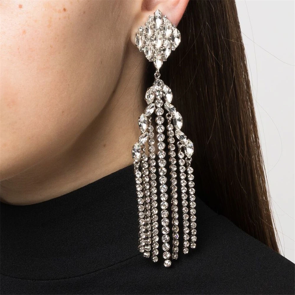 

Fashion Shiny Geometric Rhinestone Long Tassel Earrings Bridal Wedding Hyperflash Crystal Pendant Earrings Jewelry Wholesale