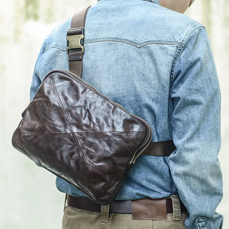 Vintage fashion designer natural genuine leather men's large-capacity chest bag outdoor weekend multi-function messenger bag