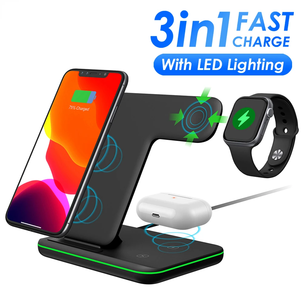 

15W 3 in 1 Fast Charging Qi Wireless Charger Stand for iPhone 13 12 11 XS XR X 8 Watch 7 6 SE Airpods Pro Pad Dock Station