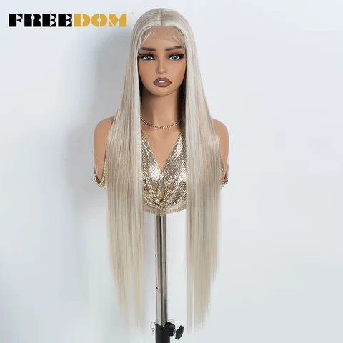 FREEDOM Long Straight Synthetic Lace Frontal Wigs for Women 36-Inch Soft Ombre Brown Blonde Lace Front Wig White Red Wig for Cosplay