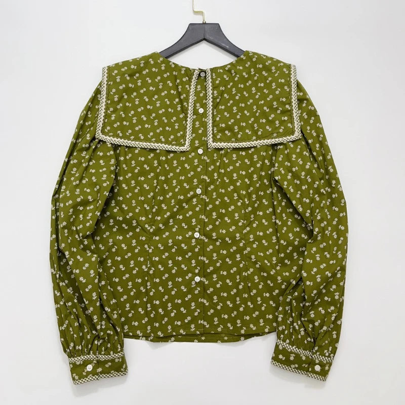 

Floral Print Embroidered Sailor Style Collar Vintage Retro Blouse Women 2023 Summer Shirt