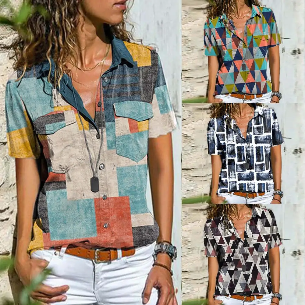 

Женская винтажная рубашка с отложным воротником и принтом