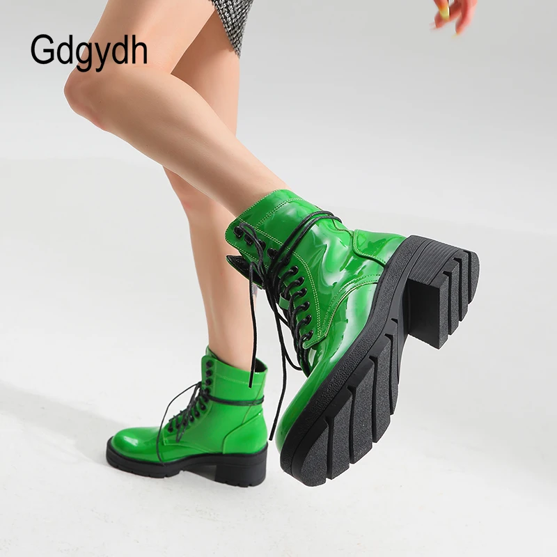 

Gdgydh Women's Patent Leather Platform Combat Boots Lace up Lug Sole Ankle Booties Chunky Heels Green Wide Calf Comfortable