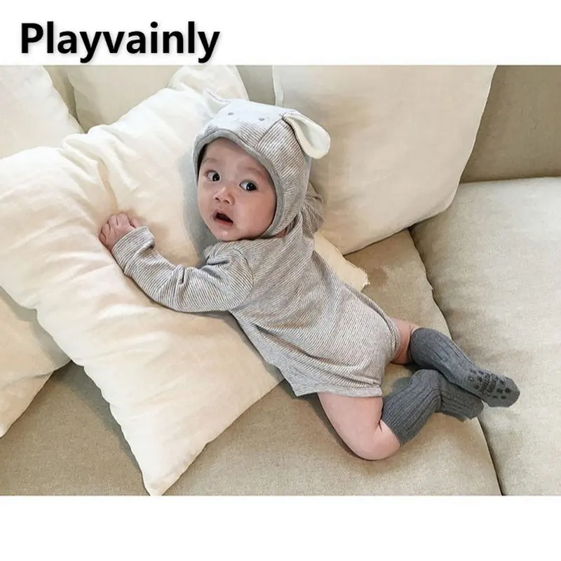 

New Autumn Baby Girl Boy Bodysuit Stripe Cotton Long Sleeve Jumpsuit+Bear Ear Cap 2-pcs Suit Newborn Clothes E98651