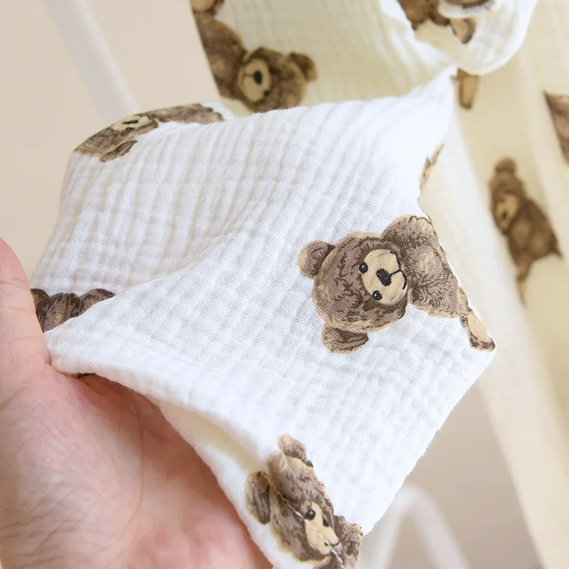 Night Gown for Women Cartoon Bear Nightdress Girl Pullover Long Sleeve Square Collar Cotton Crepe Lace Spring Bow Tie Thin Home