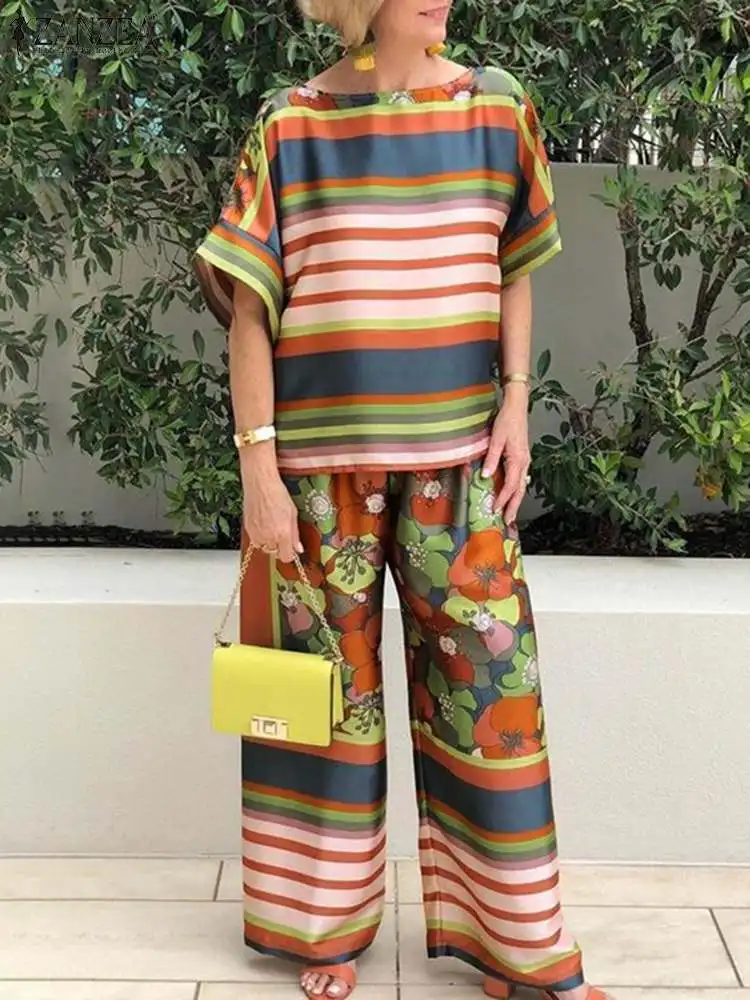 

Женские летние спортивные костюмы ZANZEA, кафтан с принтом, подходящие комплекты, полосатая блузка с коротким рукавом, повседневные брюки, женские праздничные туники из 2 предметов