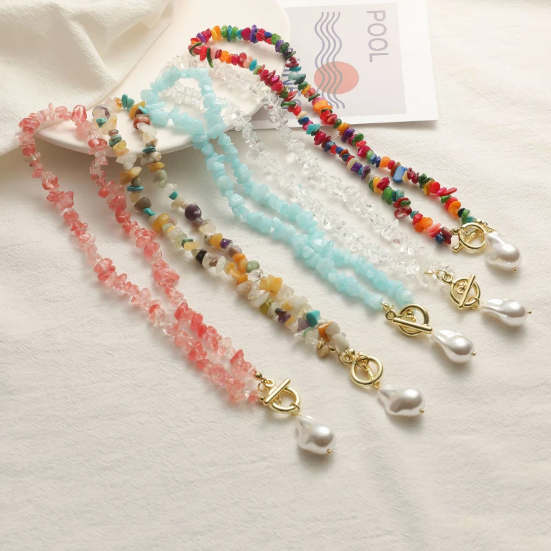 

2022 New Colorful Natural Stone Beads Necklace Fashionable and Versatile Pearl Pendant Collarbone Chain Jewelry
