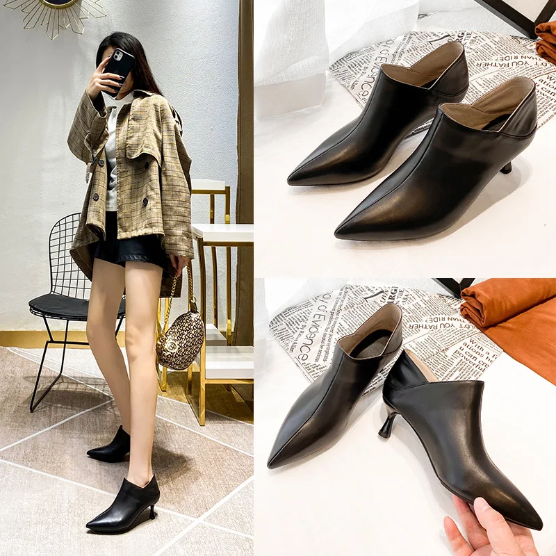 

High Heels Women's 2022 Autumn and Winter New Pointed Toe Stiletto Low Boots Women's Black High Heels