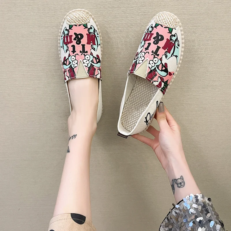 

Spring Autumn New Slip on Shallow Antiskid Flat Canvas Women Fisherman Shoes Comfortable Breathable Printing Flats Women's Flats