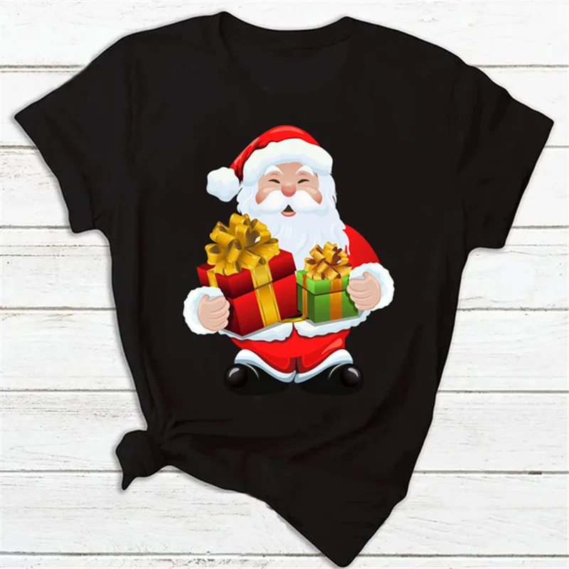 New Christmas Santa Claus Reindeer Cartoon Print Woman T-shirts Loose Black Couple Short Sleeve Graphic T Shirts Women Clothes