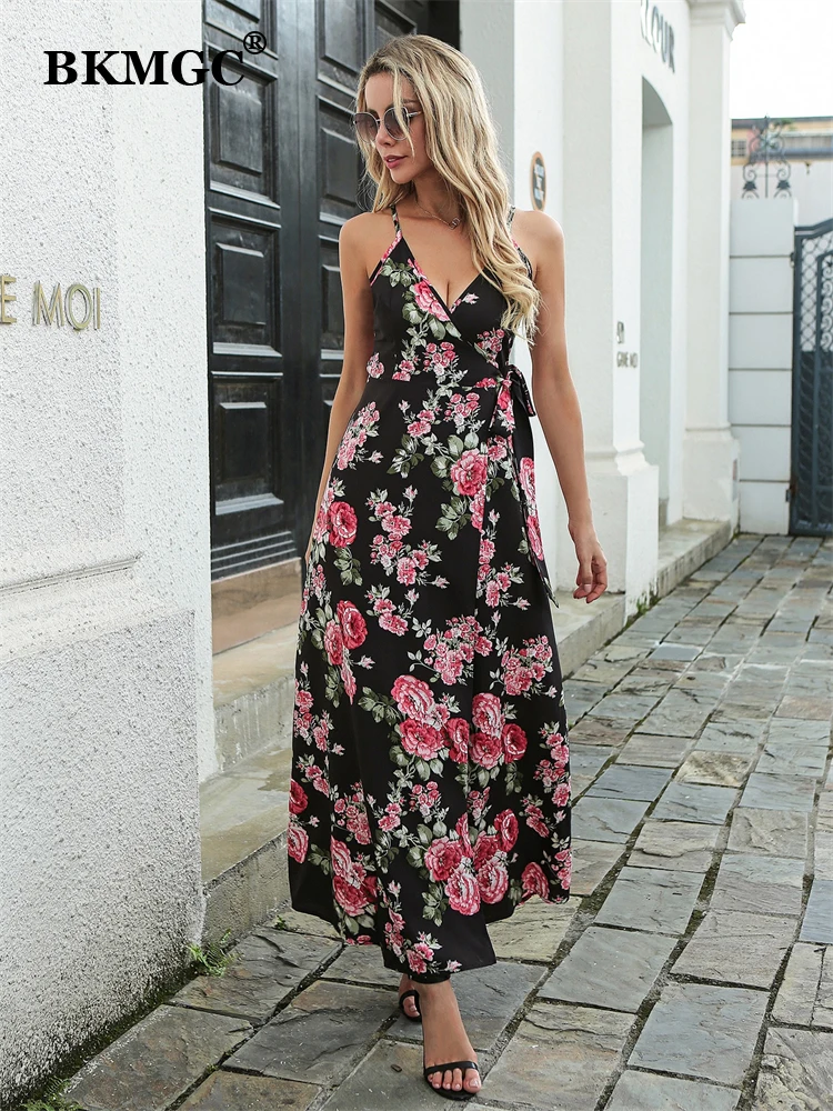 

BKMGC Sexy Dress Summer Women Elegant Holiday Dresses Suspender Backless Spaghetti Strap Dress Floral Woman Long Skirt 6730