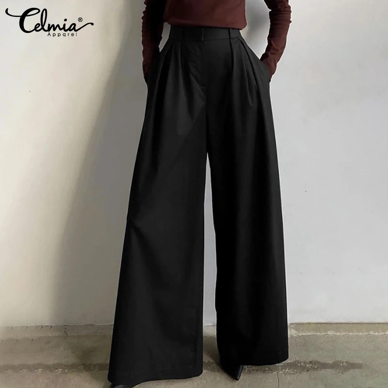 

Women Wide Leg Long Pants Celmia 2022 Vintage Spring Loose Pockets Trousers Office Lady Casual Solid Color Pantalons Oversized