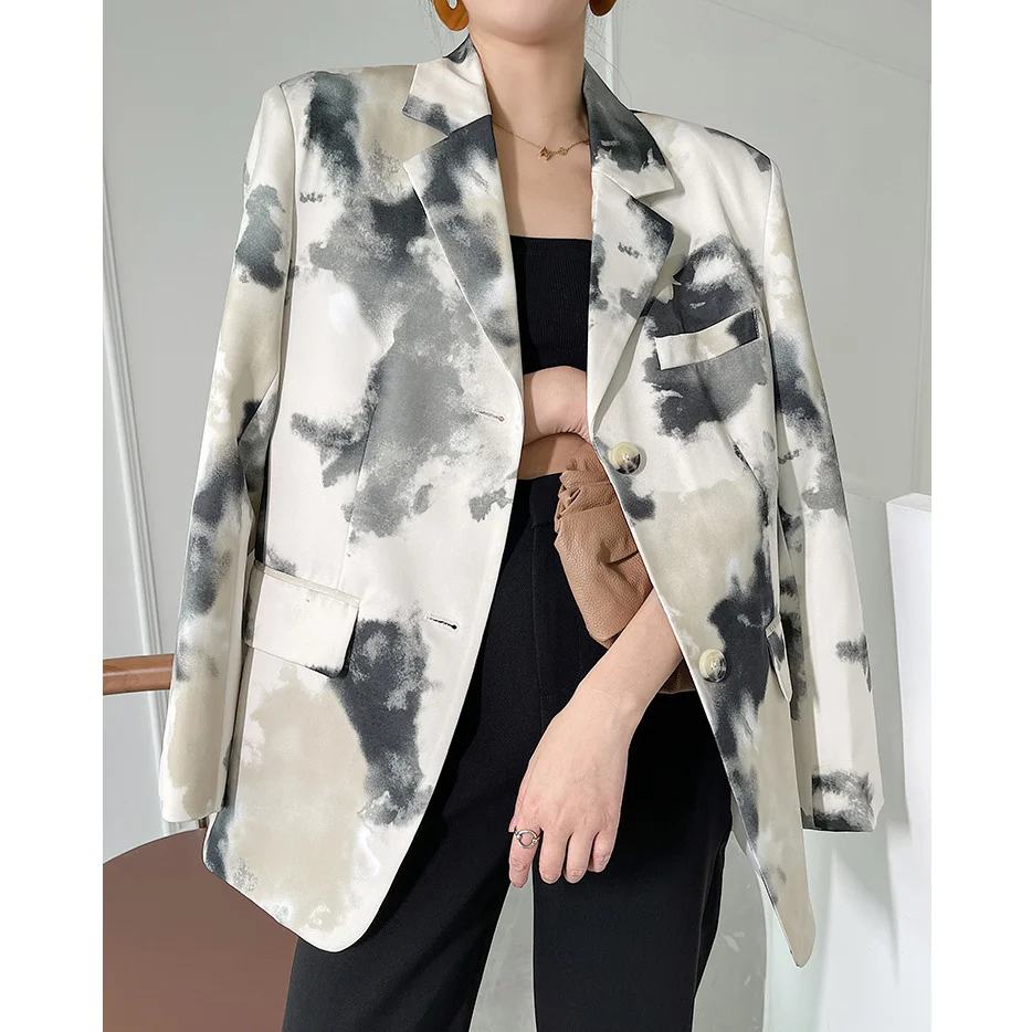 for Casual Suit Blazer Women Autumn 2023 New Ink Dyed Oversized Suit Coat Female Vintage Double Breasted Jackets Outwear