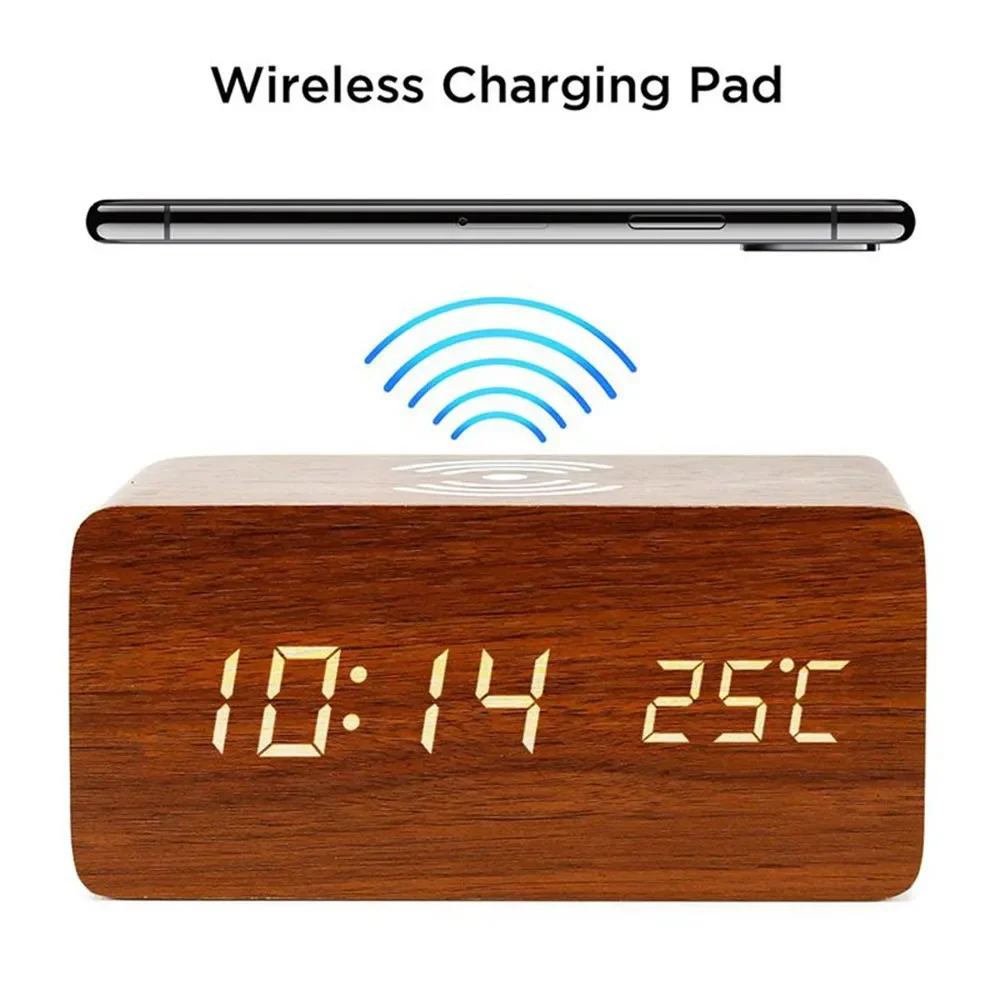 

NEW2023 Alarm Clock LED Digital Wooden USB/AAA Powered Table Watch with Temperature Humidity Wireless Charging Electronic Desk C