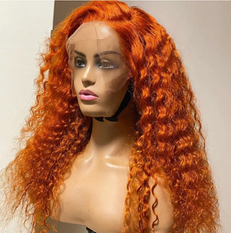 26inch long Orange Curly Lace Front Wig Natural Hairline For Women Transparent Loose Deep Water Wave Fiber Hair Wig Natural Hair