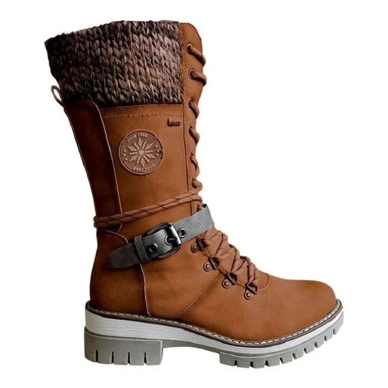 

Women's Winter Side-pull Lace-up Knitted Mid-tube Boots Low-heeled Round-toe Boots High-quality Winter Warm Boots Botas De Mujer