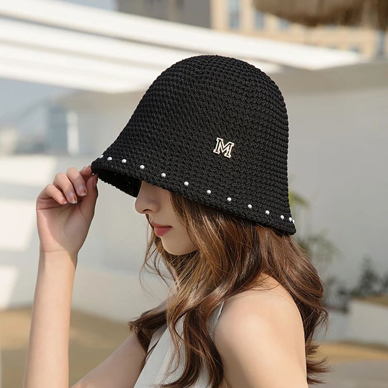 

New Fashion Elegant Pearl Sunhat Female Summer Hollow Knit Bucket Hat Girl Folding Travel Shade Breathable Fisherman Hat
