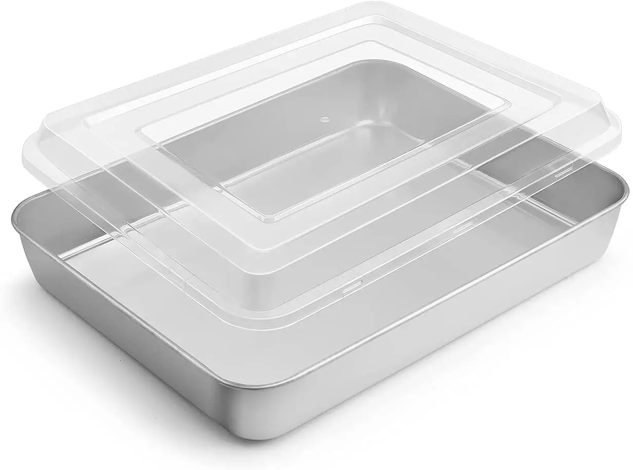 

small baking pan with lid 9.4”x 7” x 2” stainless steel rectangle sheet cake pan for toaster oven metal bakeware for cakes brown