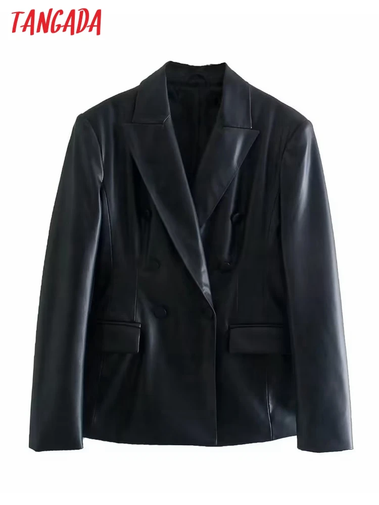 

Tangada Women 2022 Fashion Black Faux Leather Blazer Coat Vintage Double Breasted Long Sleeve Female Outerwear 6X40