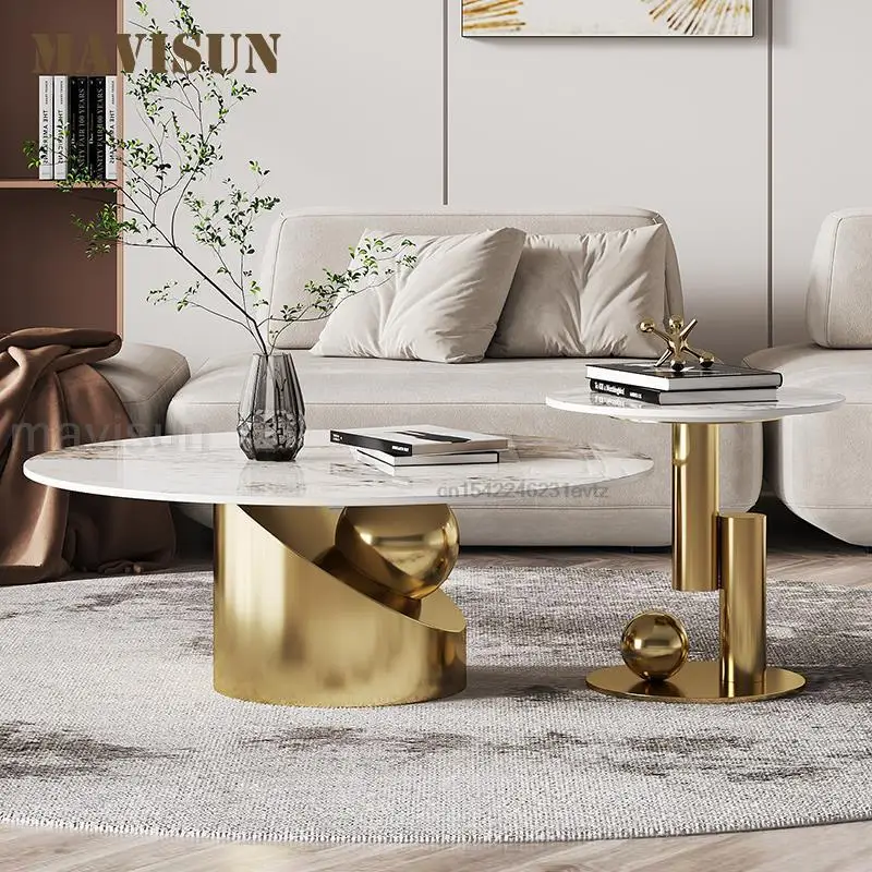 

Coffee Table Of Designed Gold Stainless Steel Frames Smooth Rock Panel Desktop Round Large And Small Living Room Center Tables