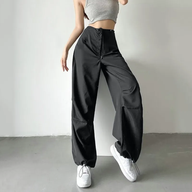 

Fashion Women Drawstring Cargo Pants Casual Solid Elastic Waist Baggy Jogging Trouser Streetwear Wide Leg Pleats Parachute Pants