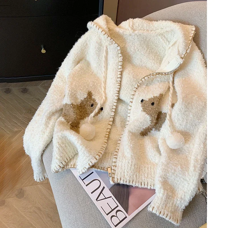 Женский осенне-зимний вязаный кардиган с капюшоном и принтом милой собаки