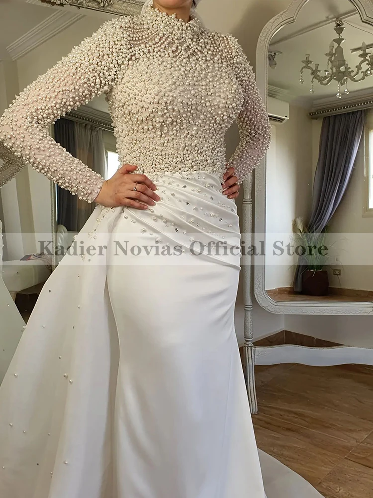 

KADIER NOVIAS Long Sleeves High Neck Muslim Mermaid Wedding Dresses with Pearls Beading Lace Top Tulle Skirt Abiti Da Cerimonia