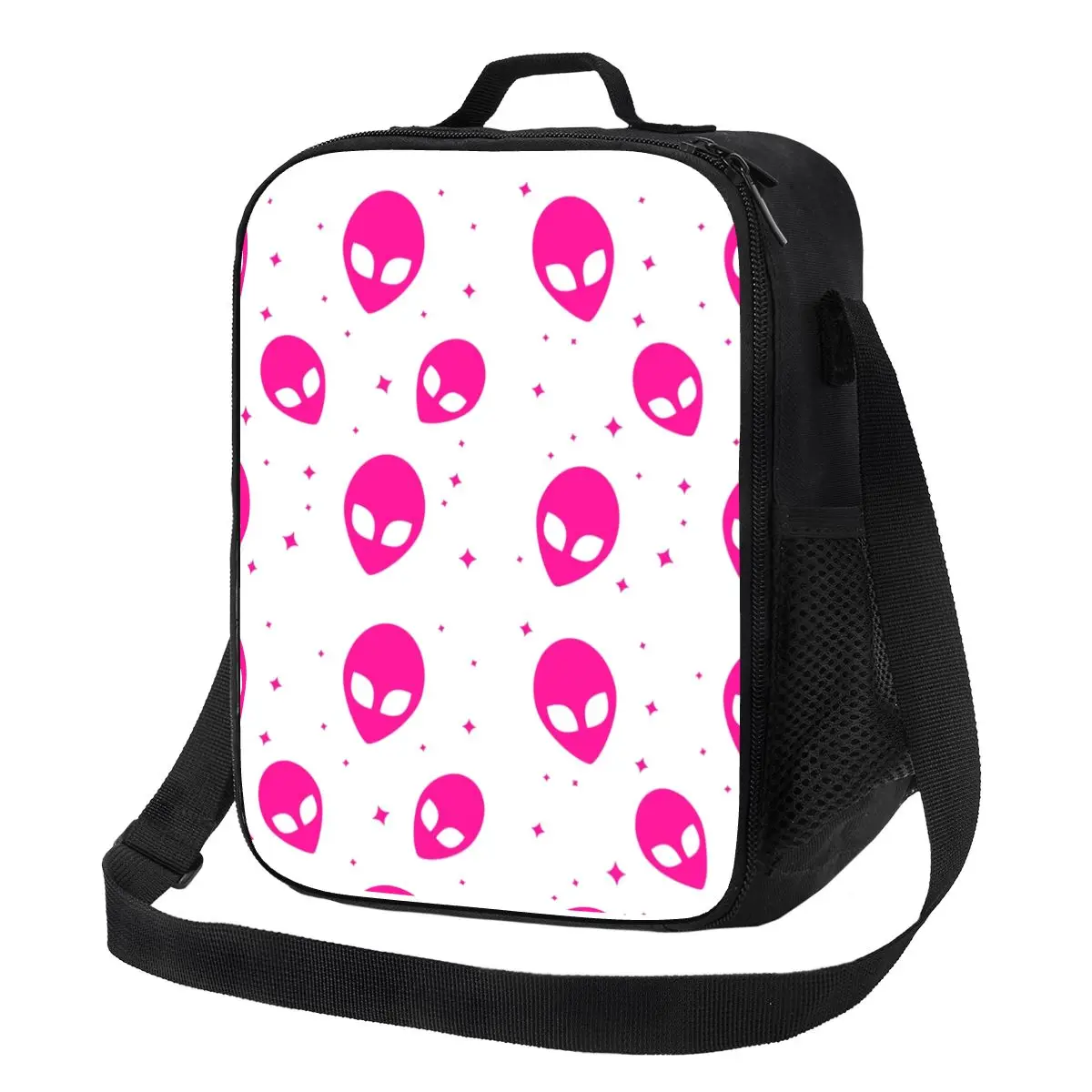 

Pink And White Alien Pattern Insulated Lunch Bag for Women Sci Fi UFO Space Cooler Thermal Bento Box Beach Camping Travel