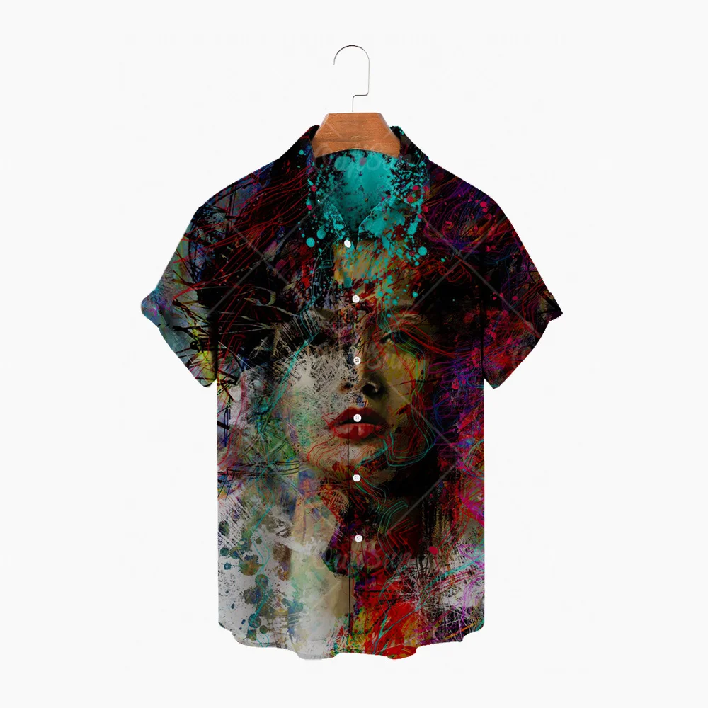 

Beach style printed shirt men's short-sleeved character portrait oil painting print Hong Kong style Hawaiian straight shirt top