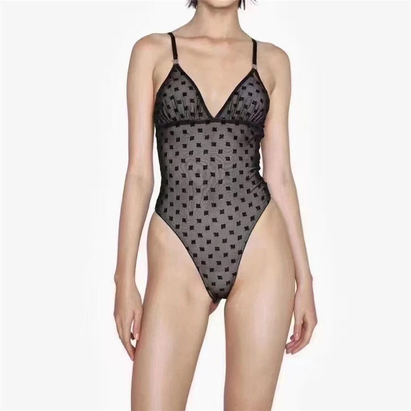 

2022 Summer New Flocking Jacquard Hollow Backless Jumpsuit Women's Fashion Sexy Lace Adjustable Sling Elastic V-Neck Jumpsuit