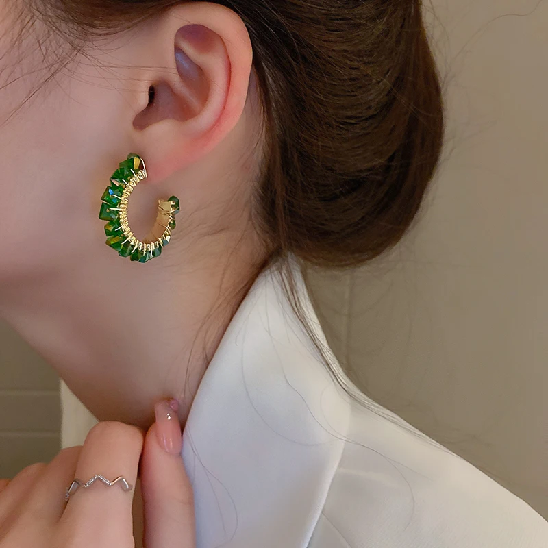 

Luxury Emerald Crystal Round Hoop Earrings for Women Delicate Piercing Earrings Girl Korean Fashion Party Jewelry Accessories