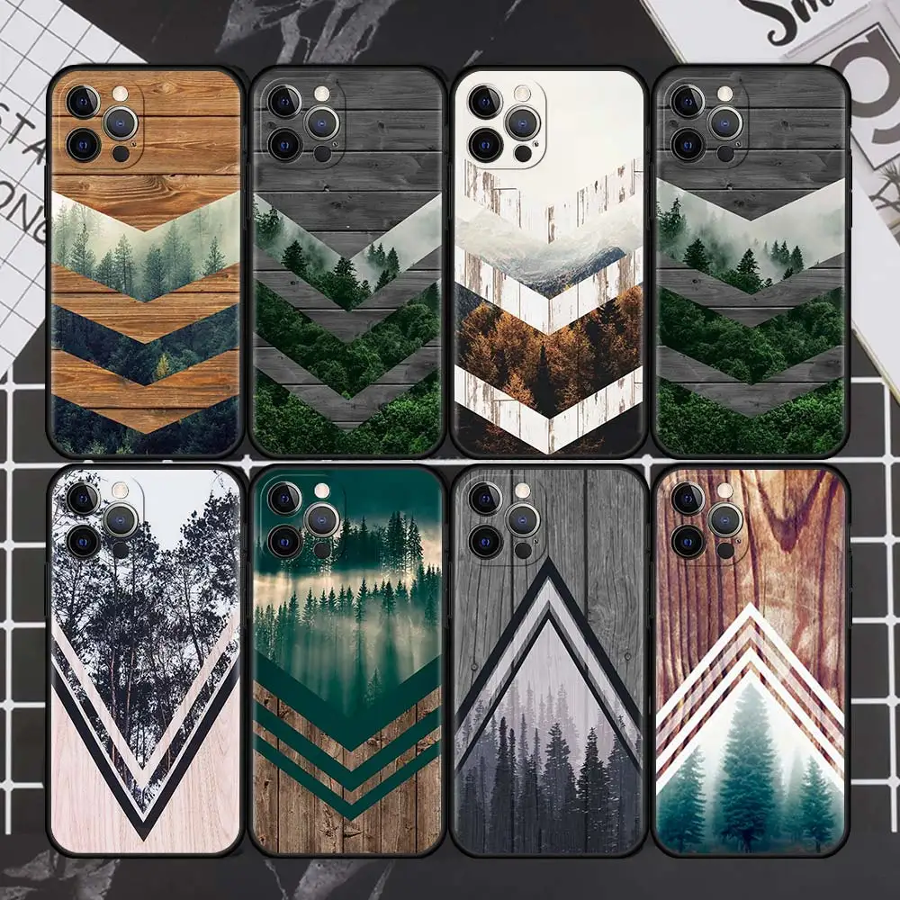 

Forest Geometry Wood Nature Case For Apple iPhone 11 13 12 Pro 7 XR X XS Max 8 6 6S Plus 5 5S SE 2020 13Pro Black Phone Cover