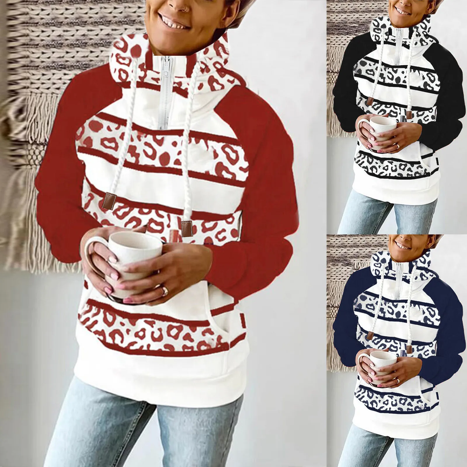 

Women Warm Hooded Coats Casual Hoodie Pullove Women Drawstring Long Sleeve Stripes Hoodie Autumn Winter Pocket Sweatshirt Coat