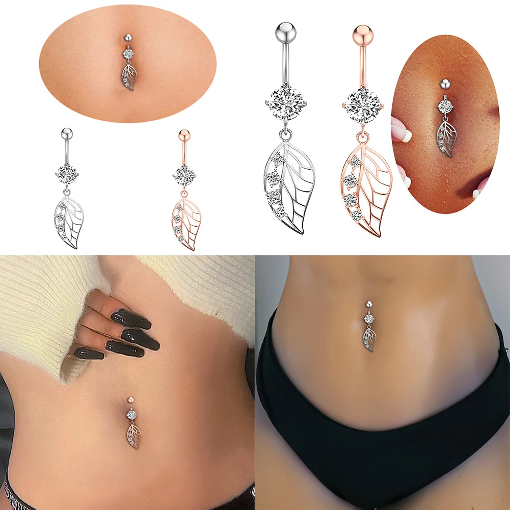 

1pc Surgical Steel Crystal Zircon Flower Heart Leaf bow-knot Dangle Button Navel Piercing Ring Belly Ring Body Jewelry