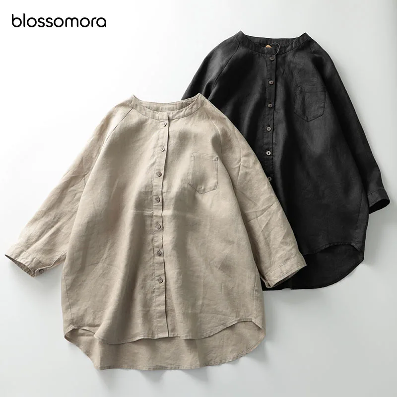 

Blossomora Cotton Linen Shirts Solid Loose Vintage Tees Casual Stand Collar Simple Tops Fashion Summer Blouses for Women 2022