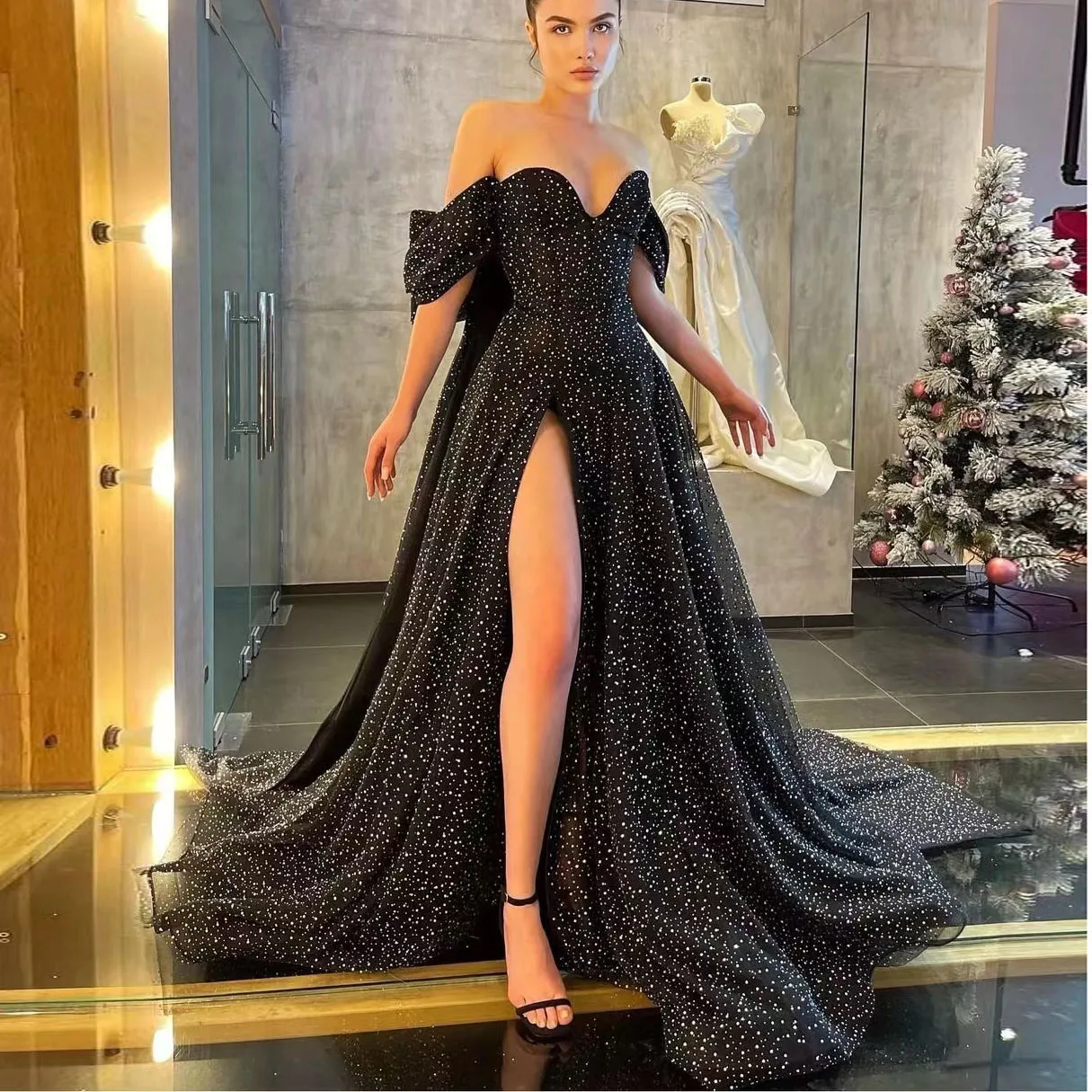 

Черные элегантные вечерние платья с бусинами, искусственное оформление с высоким разрезом, вечернее платье для выпускного вечера, женское ...