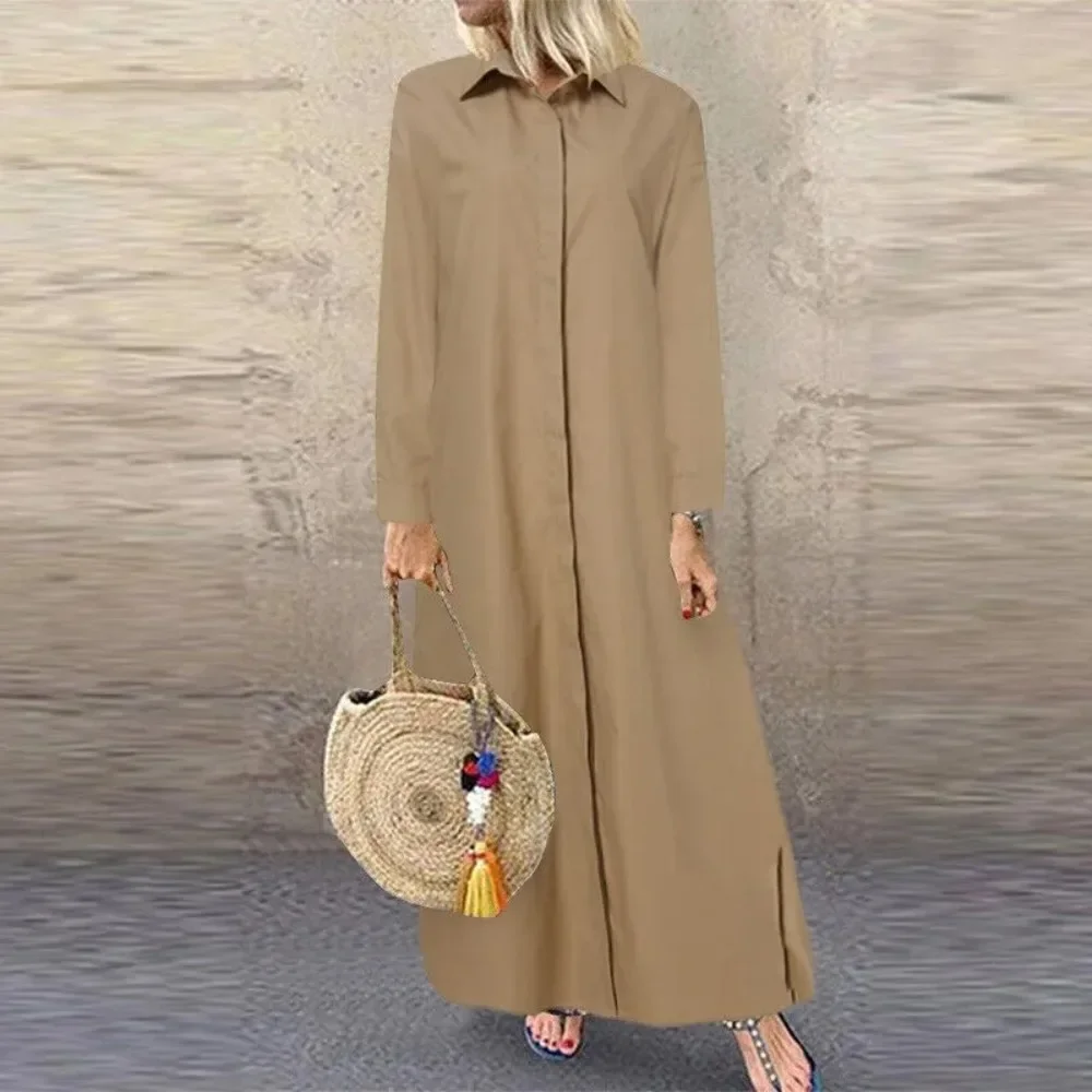 Женское Свободное длинное платье с длинным рукавом и отложным воротником