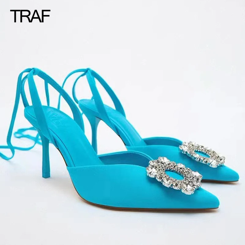 

TRAF Woman Pumps Rhinestone Strappy Heels Women High Heels Summer 2022 Female Fashion Weddings Bridal Slingback Lace up heels