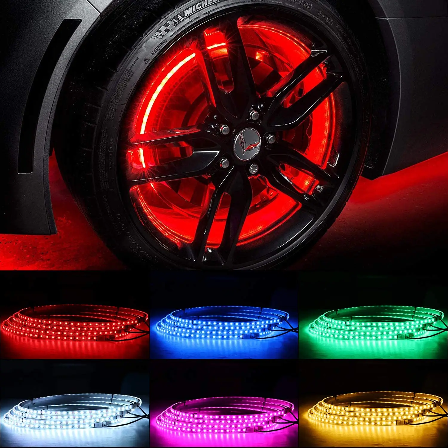 4PCS Car Hub Lamp RGB Kit Waterproof LED Strip Light APP/Remote Control Car Wheel Ring Neon Light Strip Colorful Adjustable Hub