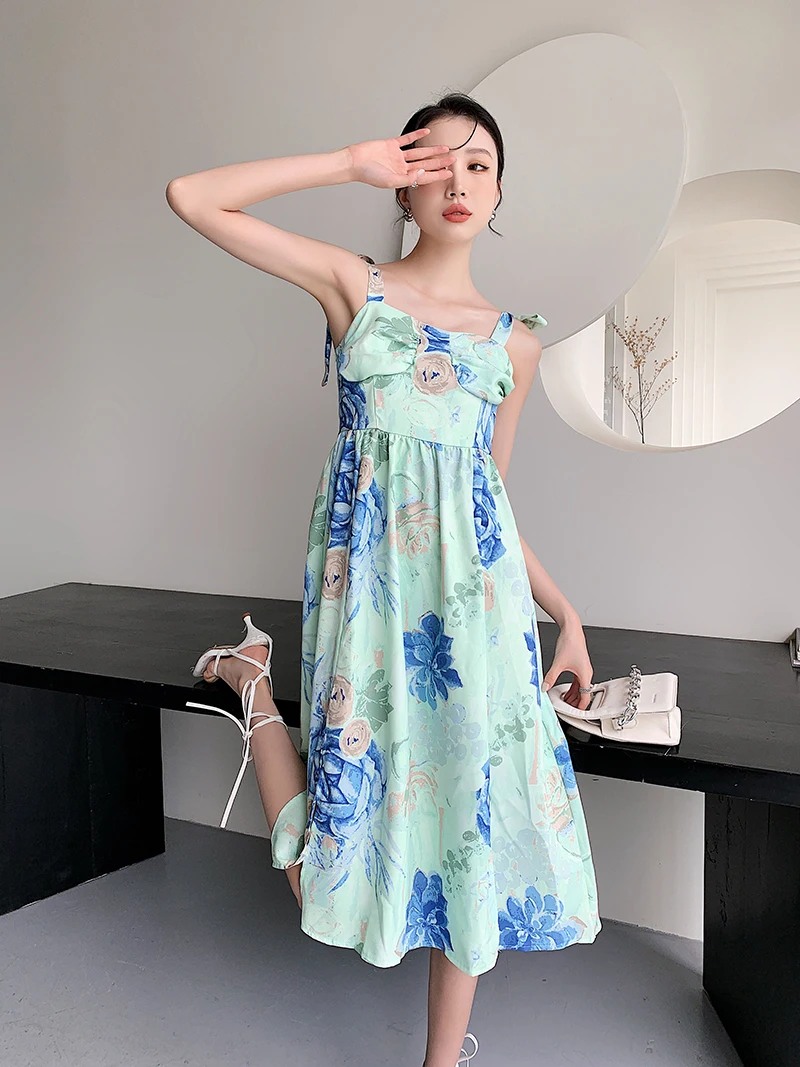 

2022 Summer Vintage Elegant Strap Dress 2022 Summer Women Personalized Oil Painting Flower Slit Slim Suspander Dresses 3131