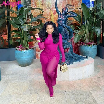 Adogirl Stitching Sheer Mesh Two Piece Set Women Sexy See Through Long Sleeve Skinny Jumpsuit Twist Split Maxi Skirt Club Suits 1